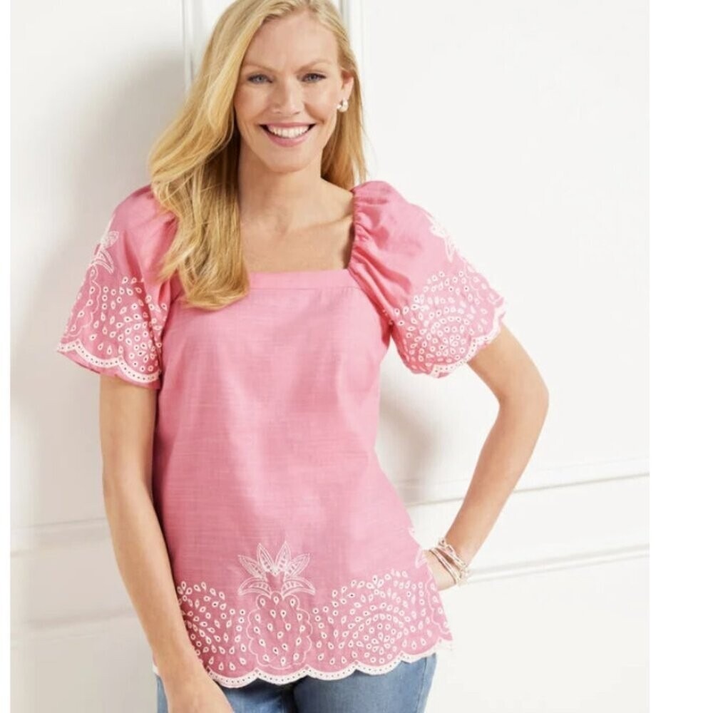 Talbots‎ Large Pink Linen Blend Square Neck Top Embroidered Pineapple Vacation
